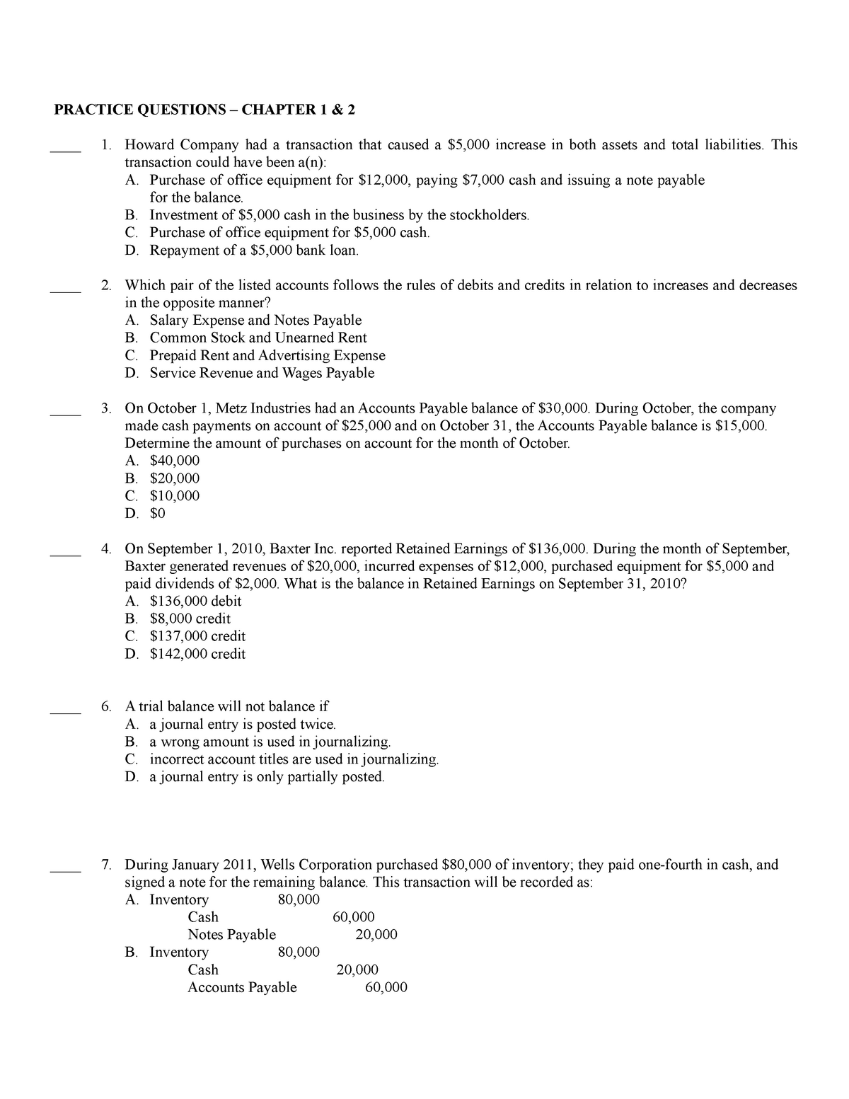 ACCT101 Chapter 1 2 Practice Questions - PRACTICE QUESTIONS – CHAPTER 1 ...