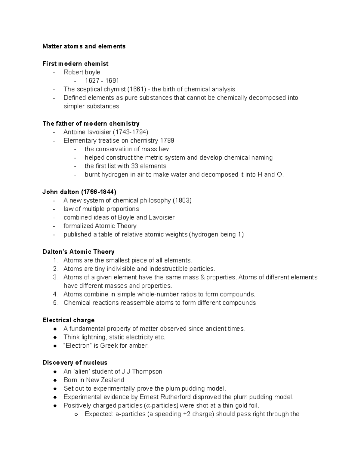 chem 1320 chapter 4 notes - Matter atoms and elements First modern ...