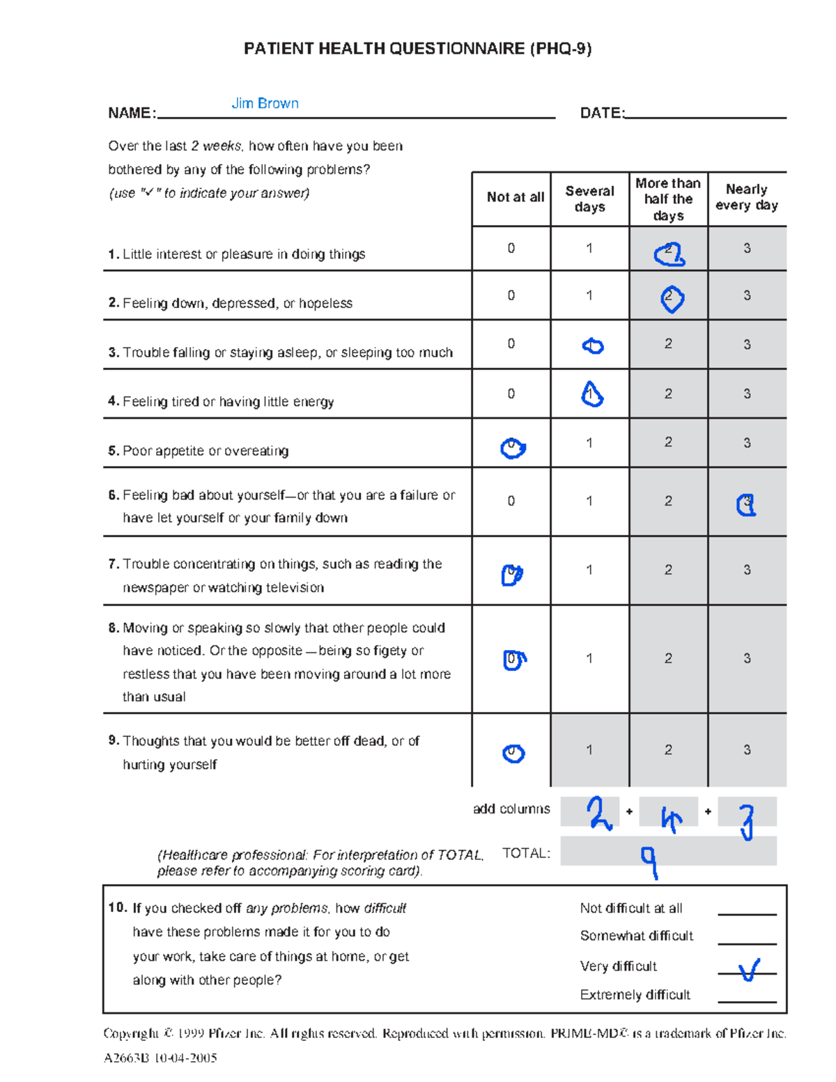 PHQ-9.pdf - Jim - PATIENT HEALTH QUESTIONNAIRE (PHQ-9) NAME: DATE: Over ...