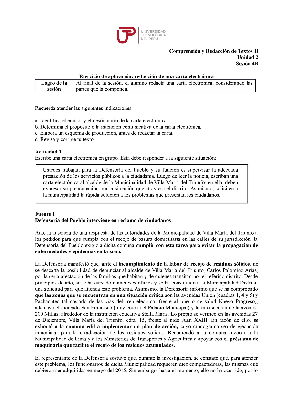 Carta Defensoria Del Pueblo Comprensión Y Redacción De Textos Ii Unidad 2 Sesión 4b Ejercicio 7566