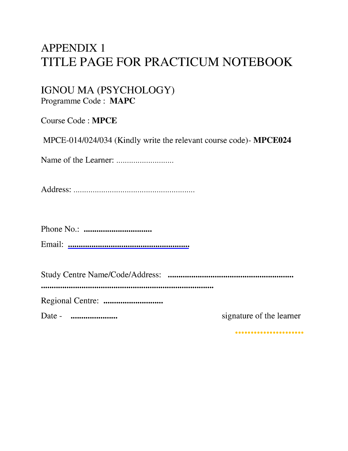 MPCE-024 PRAC - APPENDIX 1 TITLE PAGE FOR PRACTICUM NOTEBOOK IGNOU MA ...