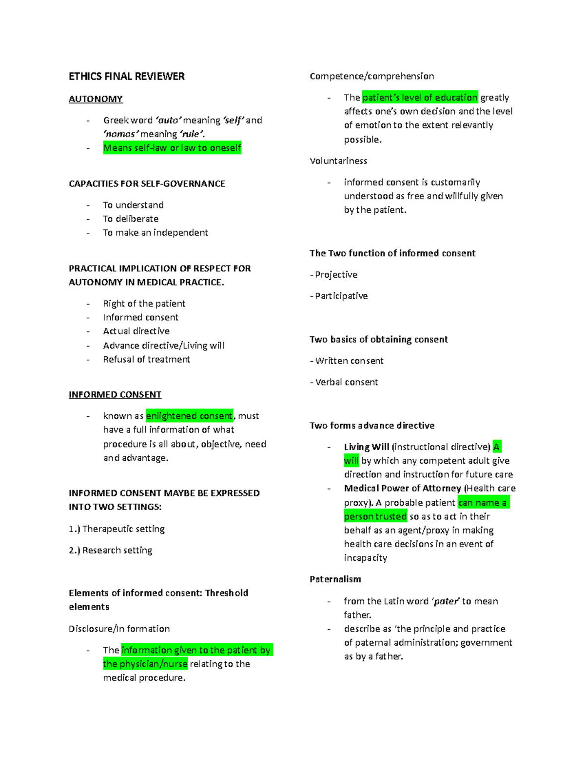 Reviewer - ETHICS FINAL REVIEWER AUTONOMY Greek word ‘auto’ meaning ...