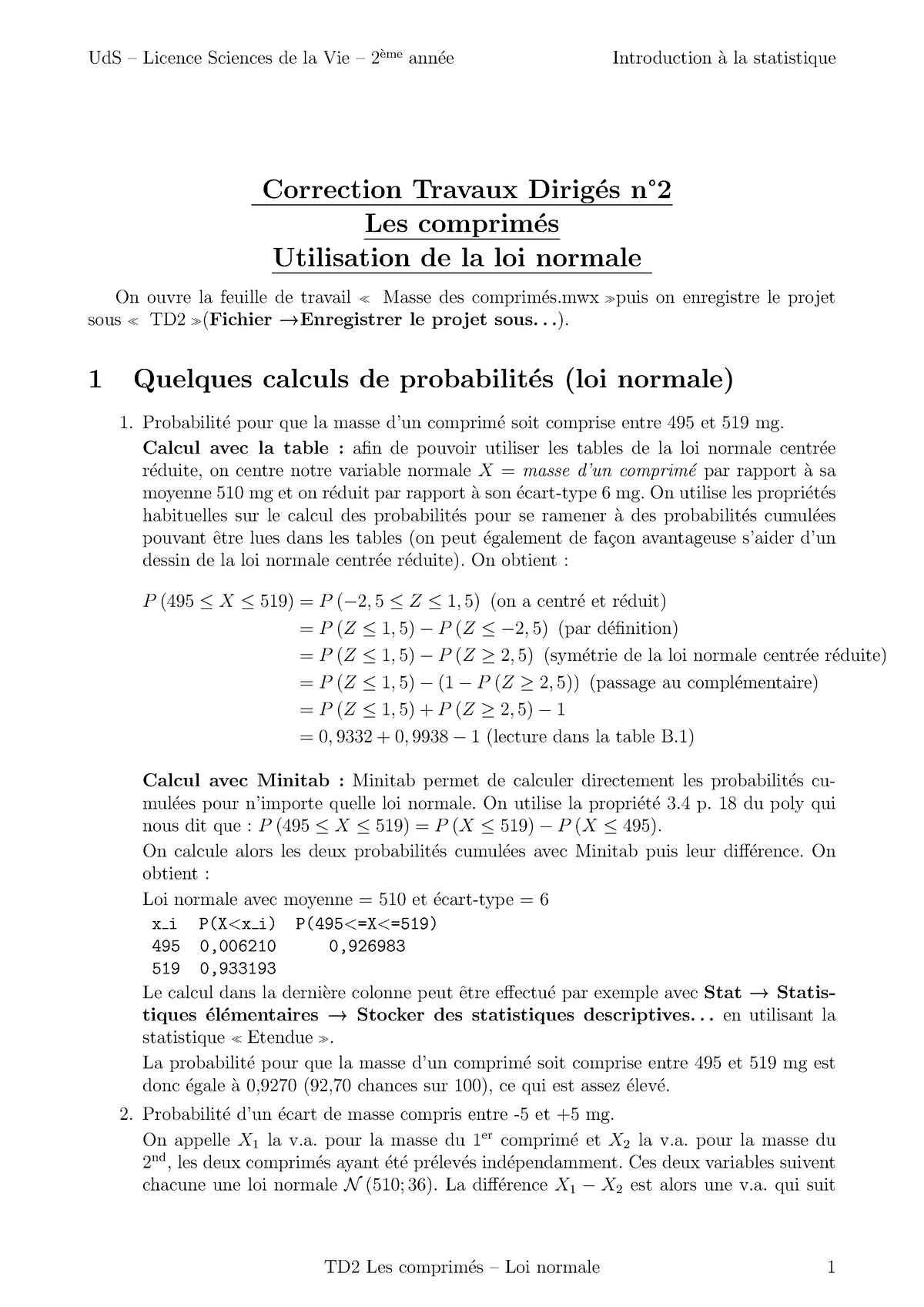 TD2cor Les Comprim Ã©s-Loi Normale - Correction Travaux Dirig ́es N° 2 ...