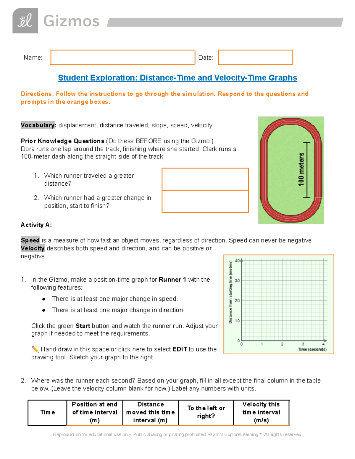 Gizmos D-t and V-t graph - Name: Date: Student Exploration: Distance ...