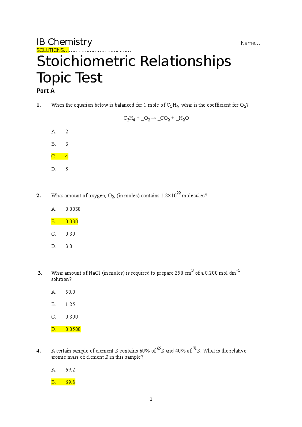 Stoichiometric Relationships Topic Test 2020 Solutions - IB Chemistry ...