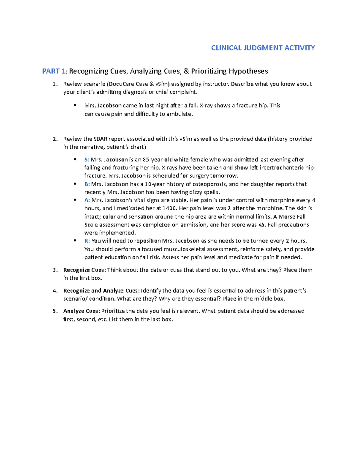 Edith Judgement - Notes - CLINICAL JUDGMENT ACTIVITY PART 1 ...