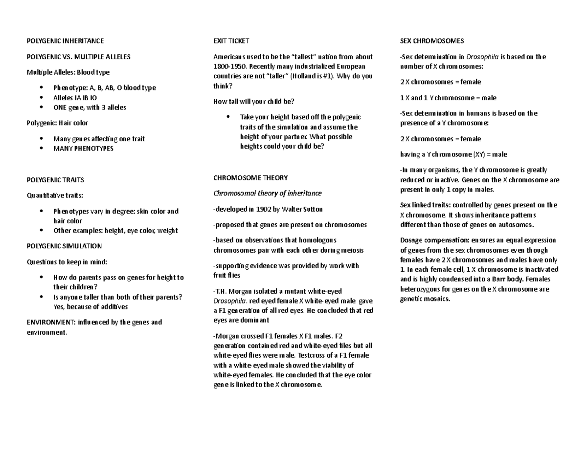 Polygenic Inheritance - Polygenic Inheritance Exit Ticket Sex 