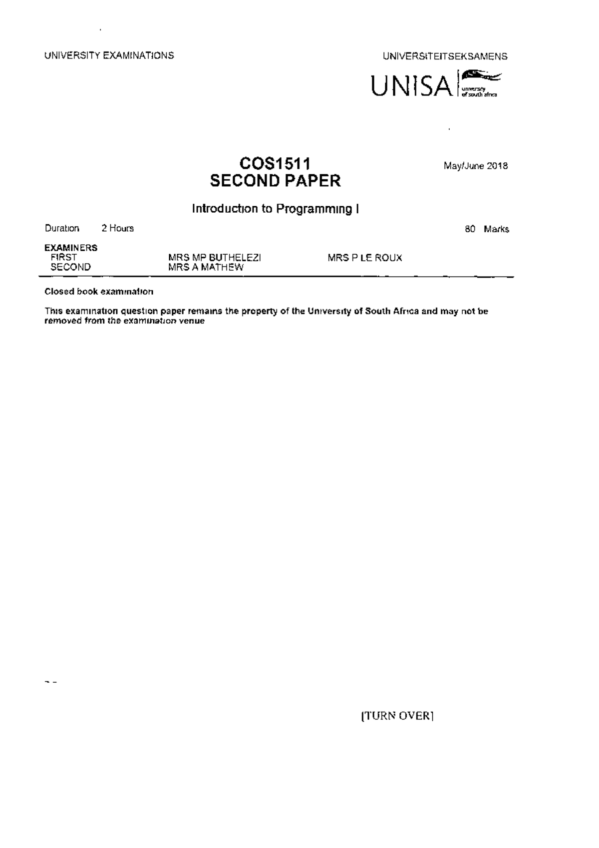 Exam 6 May 2018, questions - COS1511 - Studocu