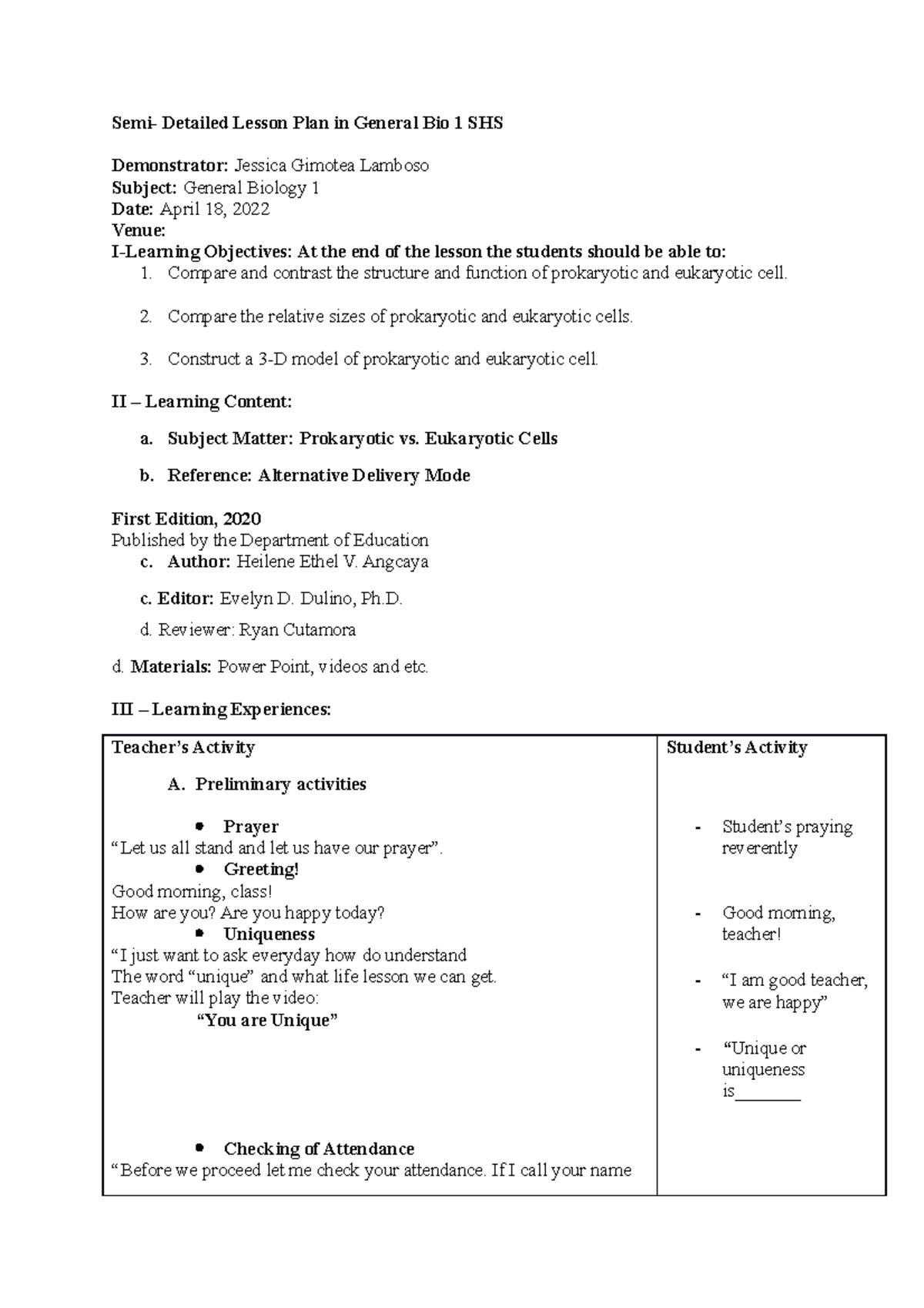 Science SHS RQA - Nothing - Semi- Detailed Lesson Plan in General Bio 1 ...