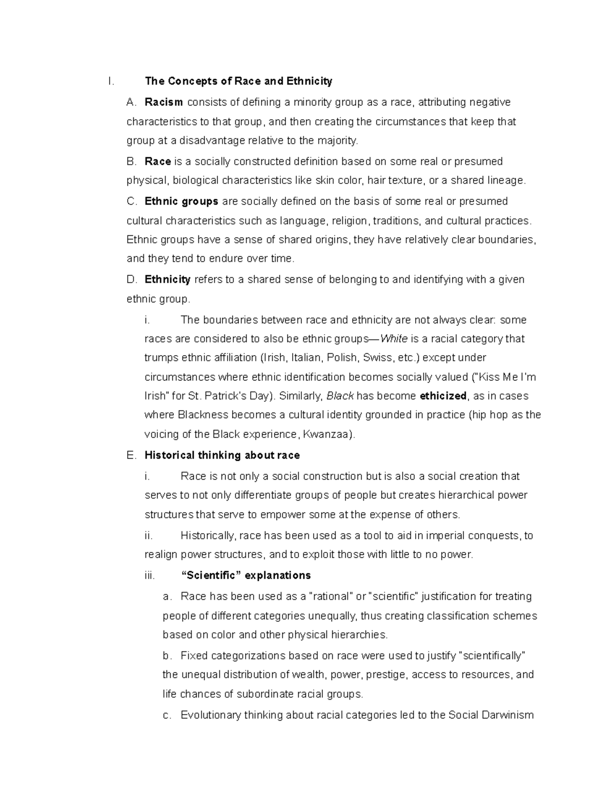 Chapter 10 lecture notes - I. The Concepts of Race and Ethnicity A ...