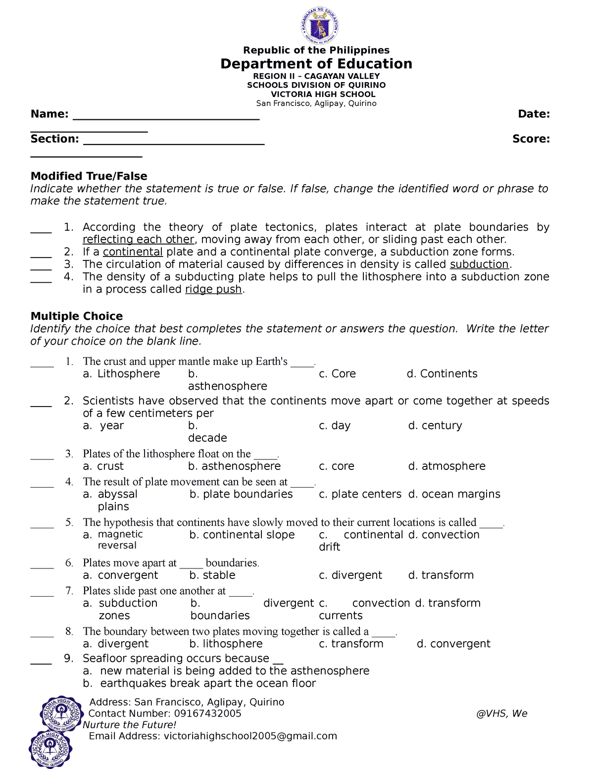 Test Plate Tectonics - summative test - Republic of the Philippines ...