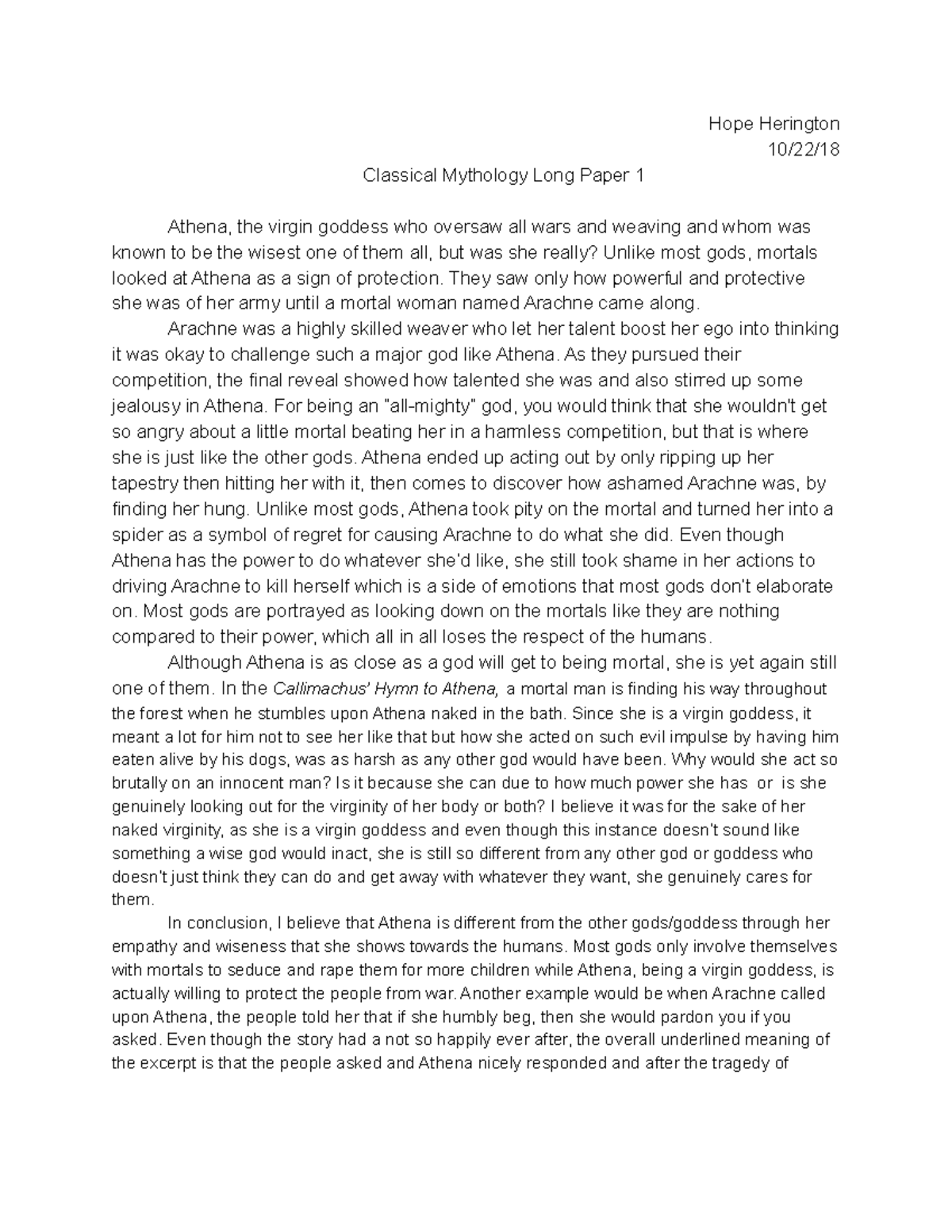 Mythology Long Paper 1 - Professor: Sydnor Roy - Hope Herington 10/22 ...