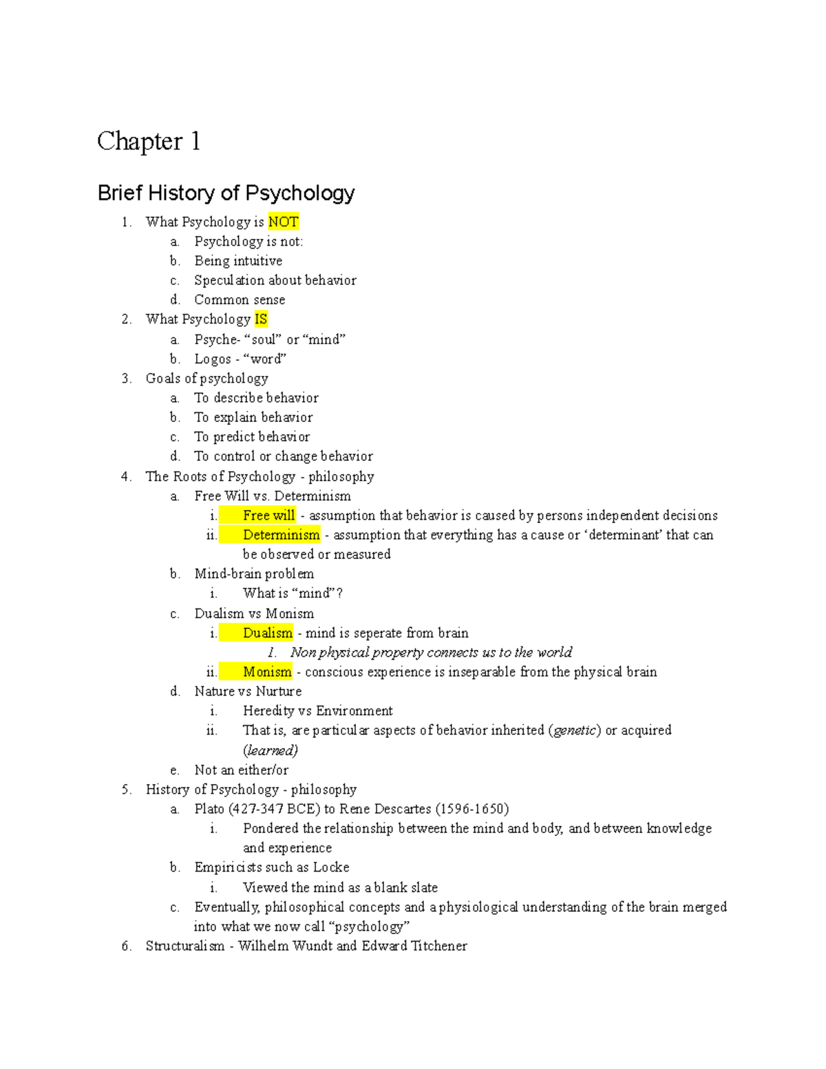 Chapter 1 Lecture - Chapter 1 Brief History Of Psychology 1. What ...