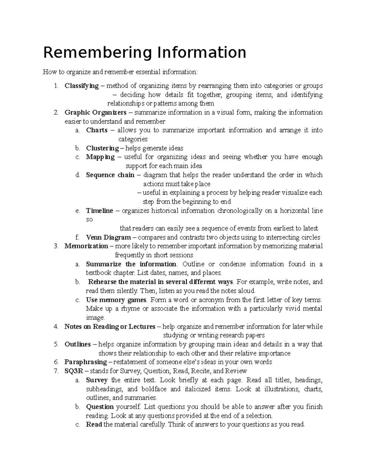 Remembering Information and Note-Taking Skills - Remembering ...
