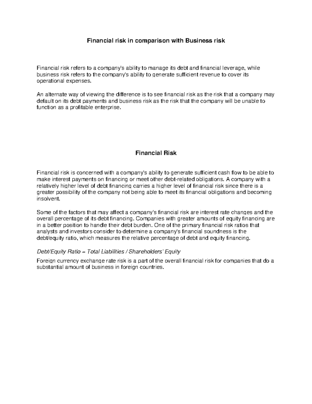 Funancial and Business risks - Financial risk in comparison with ...