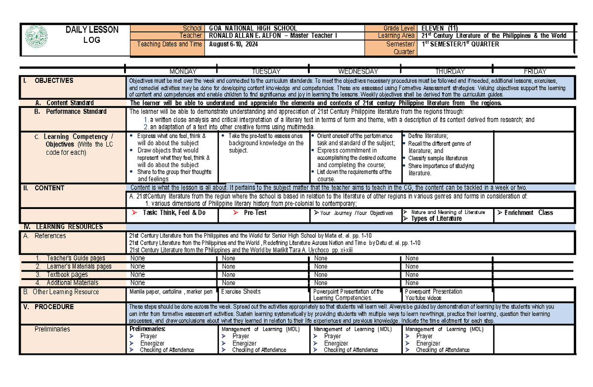 DLL August2024 Daily lesson log or detailed Lesson plan DAILY