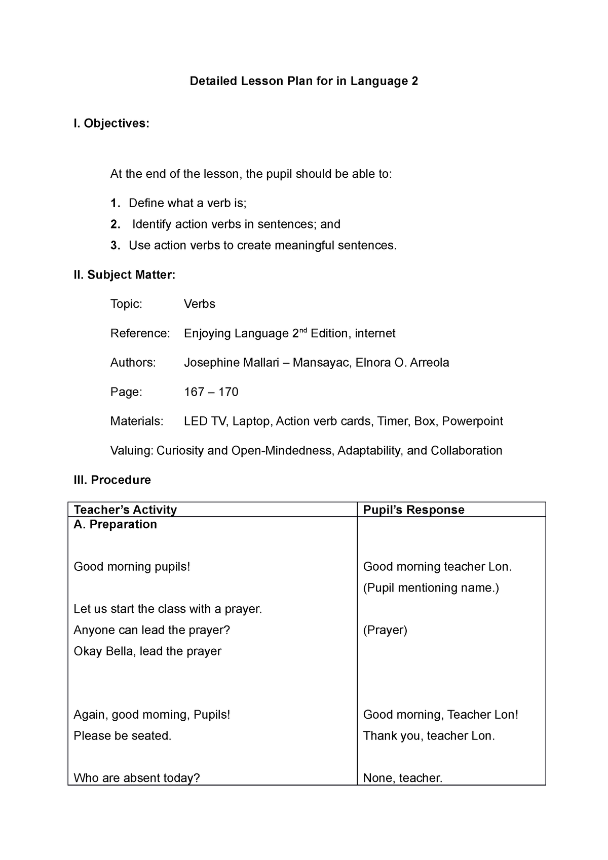 Lesson Plan Verb Detailed Lesson Plan For In Language 2 I Objectives At The End Of The 8263