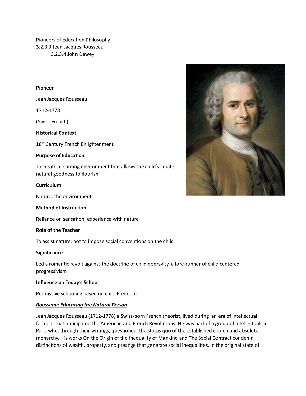 Pioneers of Education Philosophy - 2.3 Jean Jacques Rousseau 3.2.3 John ...