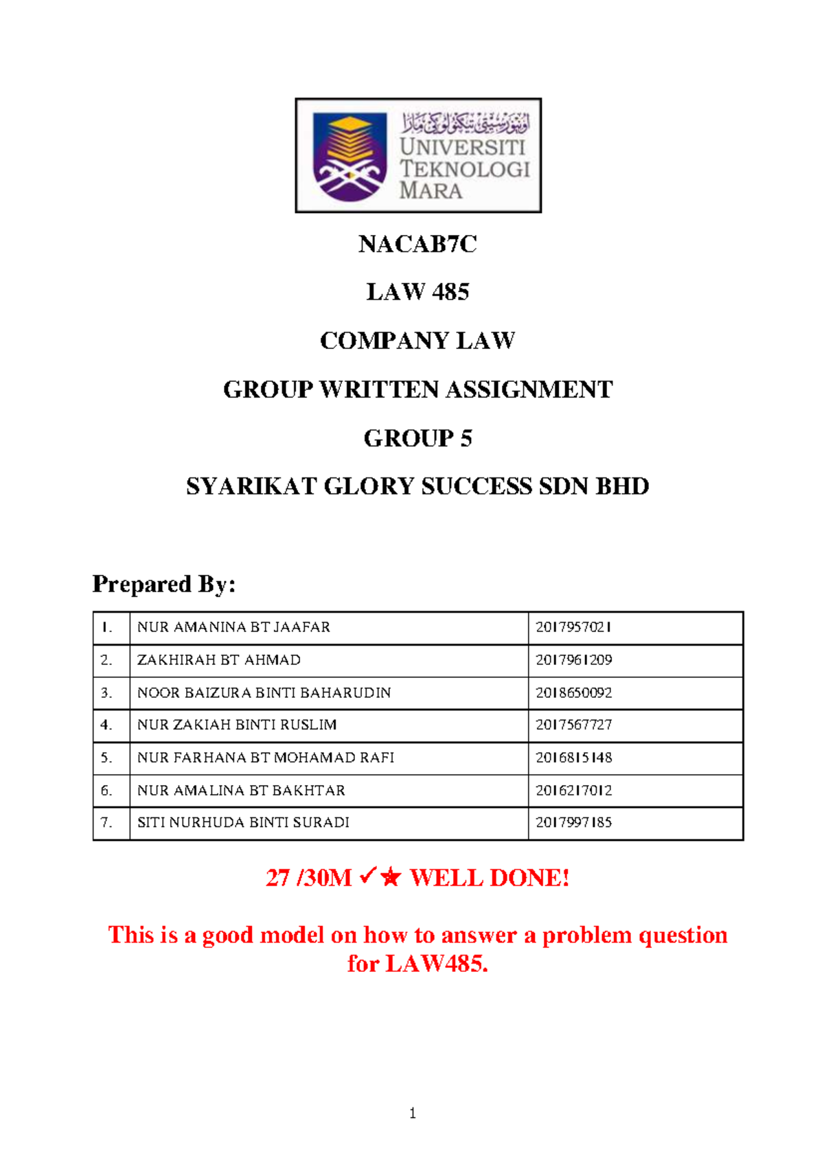 Law485 Nacab 7c Assignment Glory Nacab7c Law 485 Company Law Group