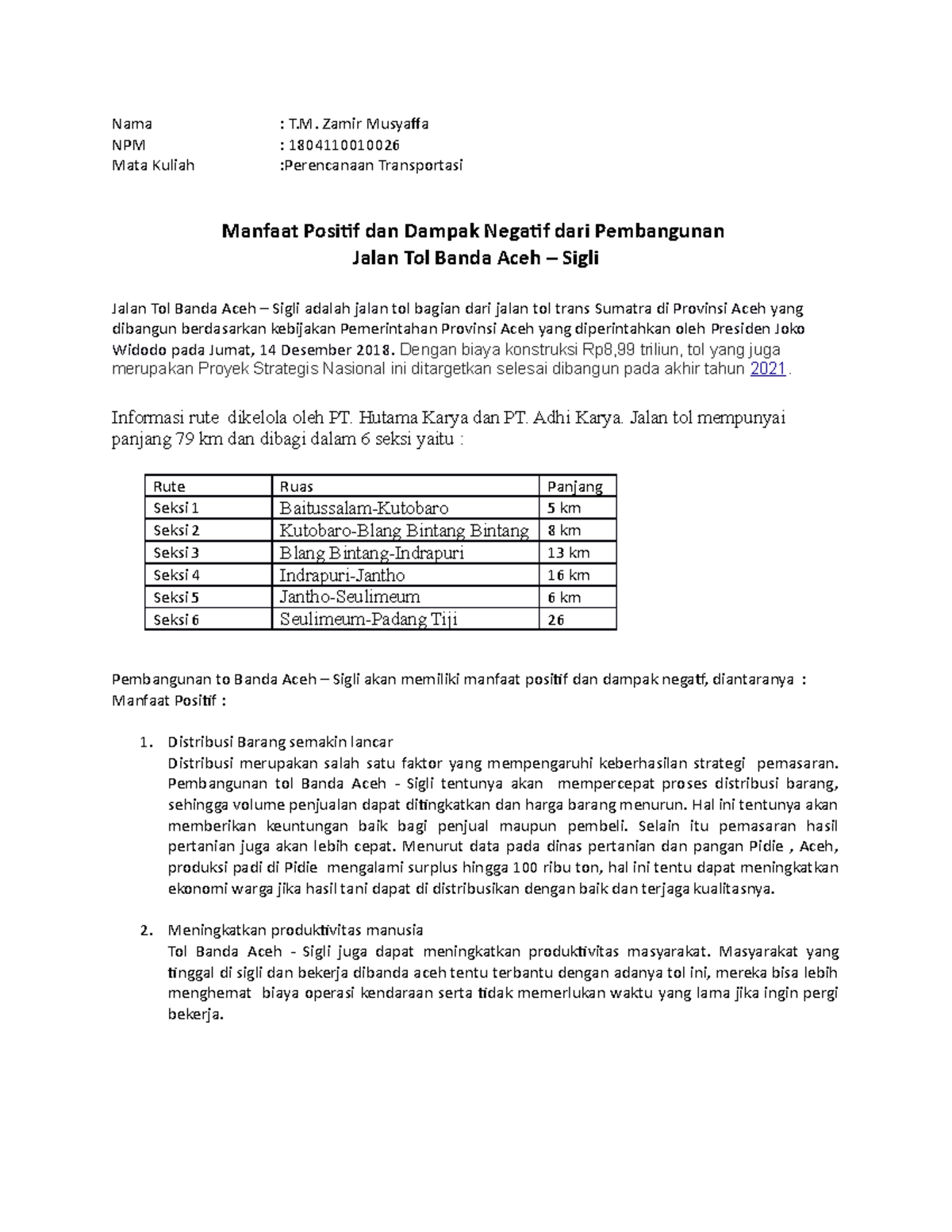 Tugas Perencanaan Transportasi Dampak Jalan Tol - Nama : T. Zamir ...