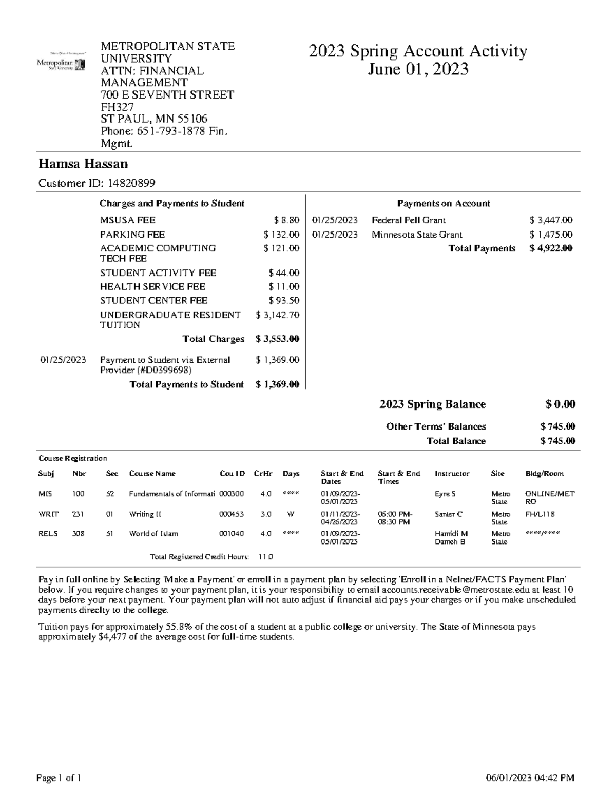 Account Activity - METROPOLITAN STATE UNIVERSITY ATTN: FINANCIAL ...