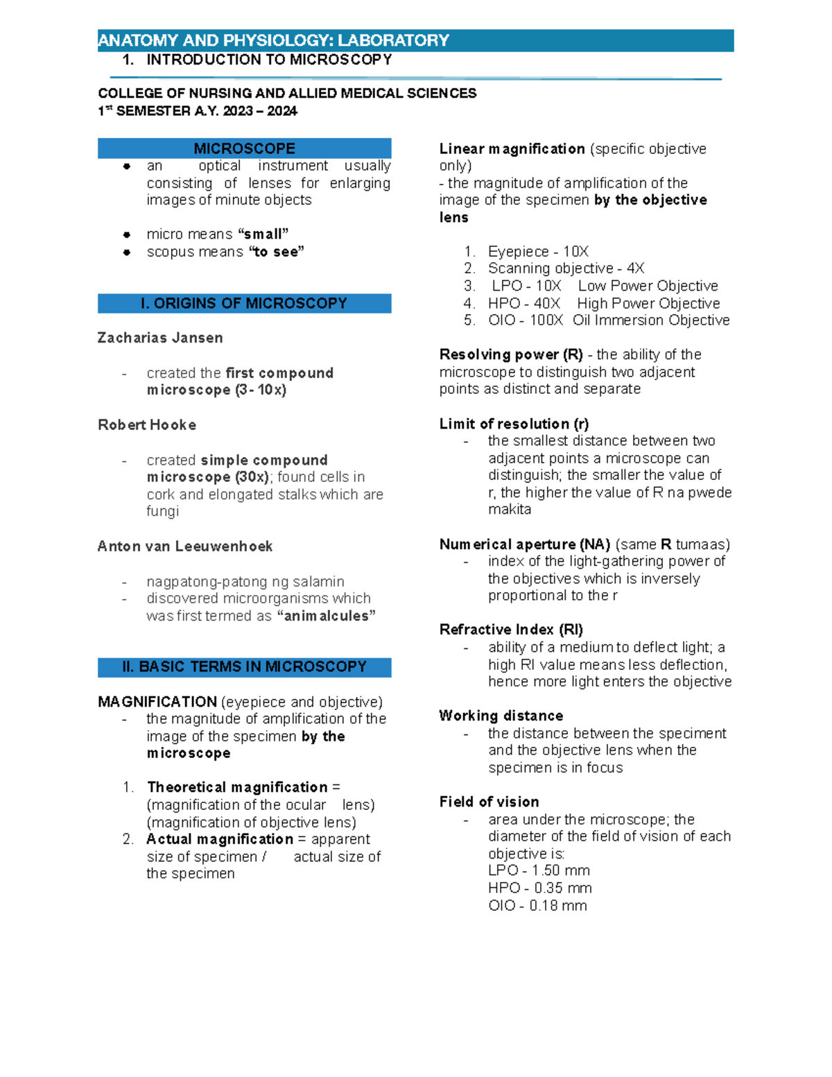 1 LAB Microscopy - ANATOMY AND PHYSIOLOGY: LABORATORY 1. INTRODUCTION ...
