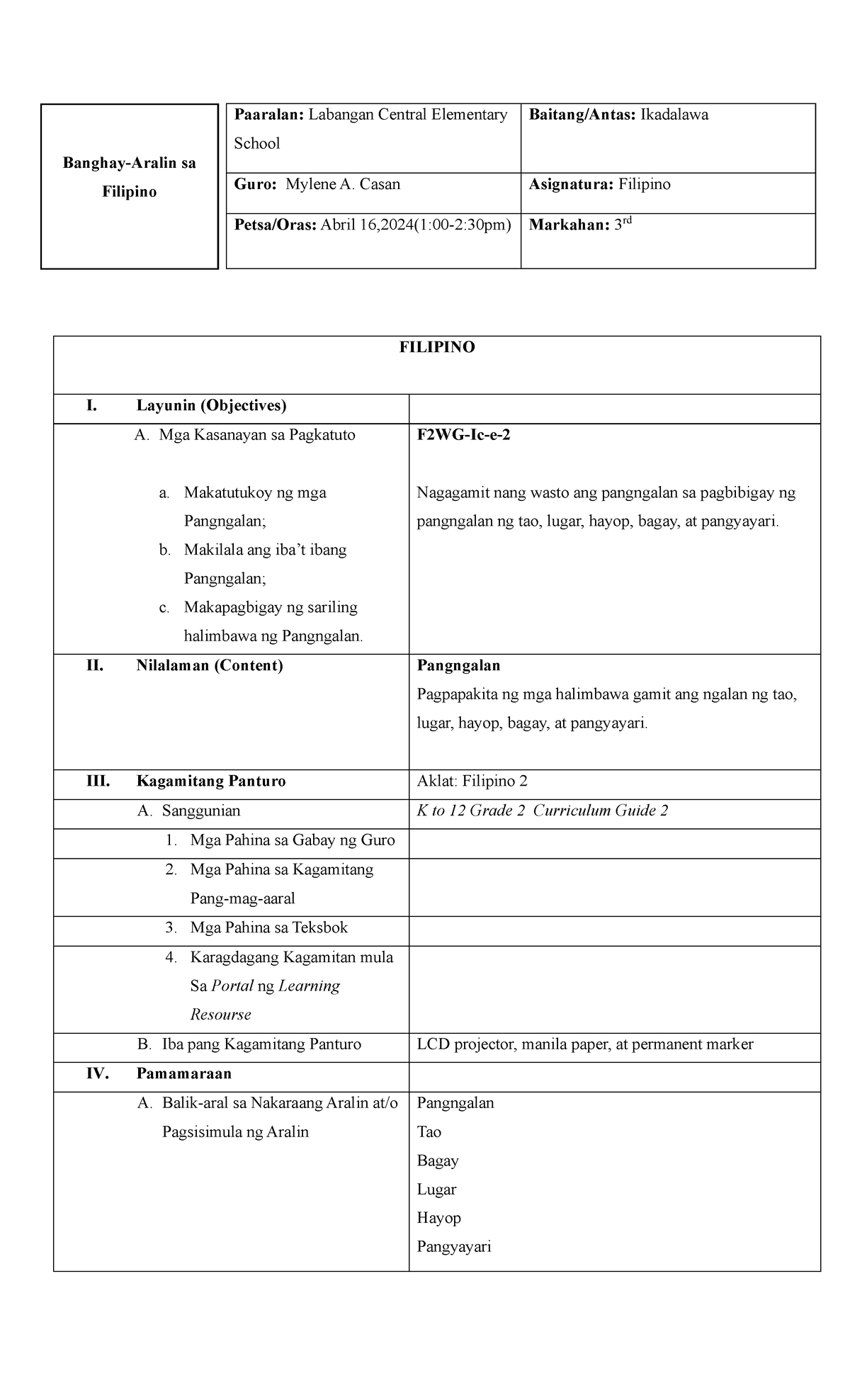 filipino semi lp - Paaralan: Labangan Central Elementary School Baitang ...
