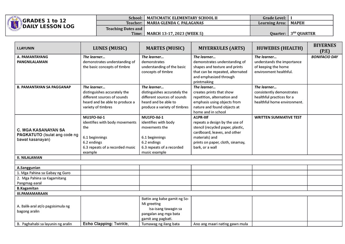 Dll Mapeh 1 Q3 W5 It Gives You Information Grades 1 To 12 Daily Lesson Log School 3757