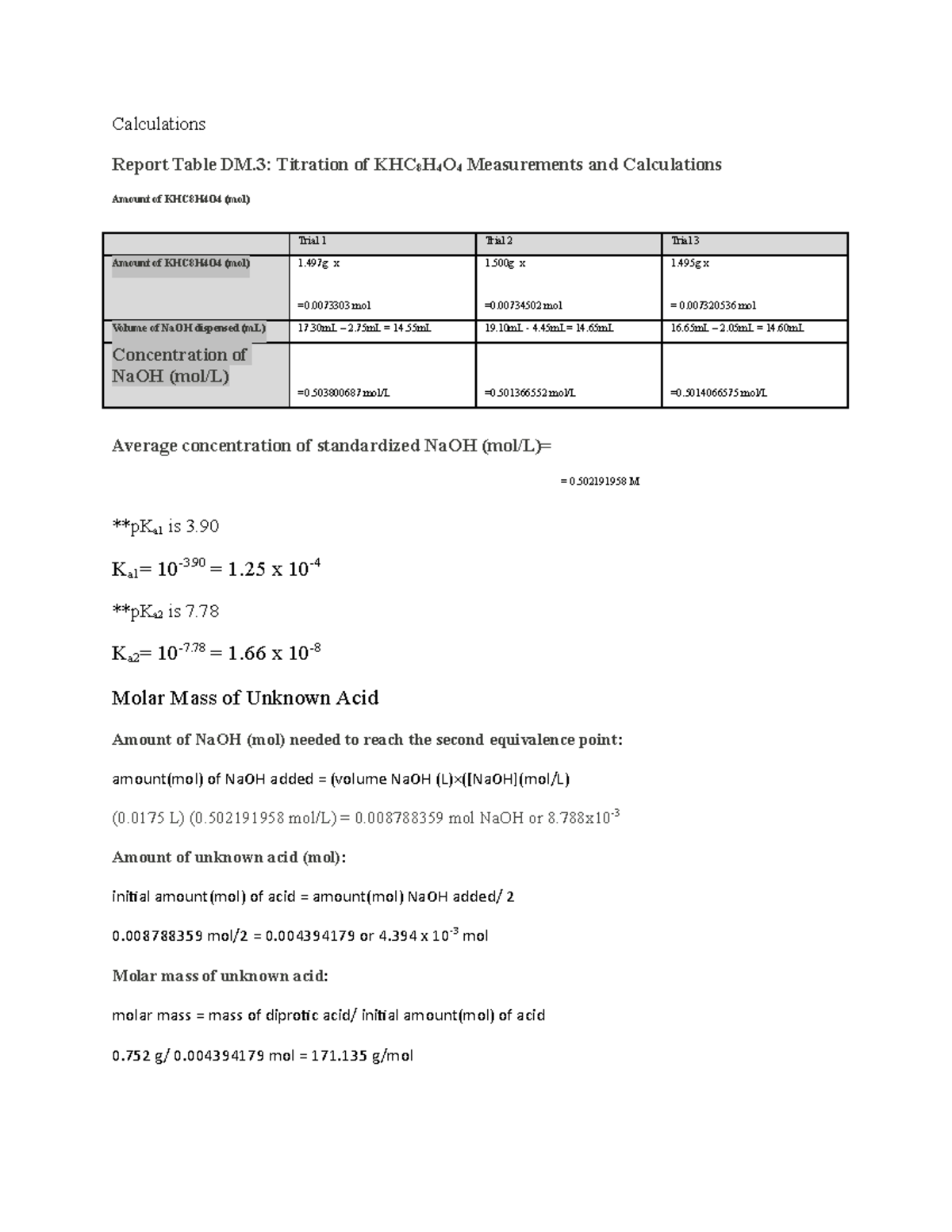 Lab 4 calculations FOR A CHEMISTRY LAB Calculations Report Table DM