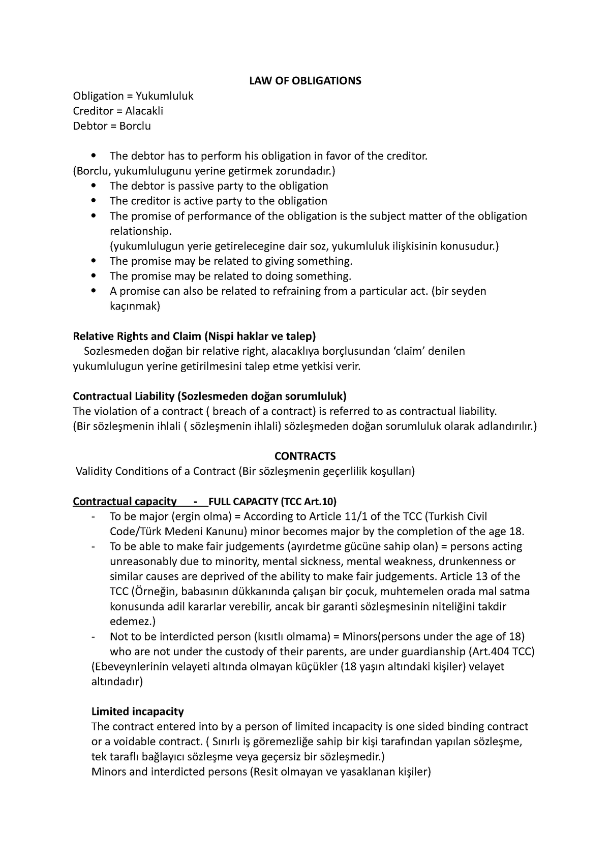 Business law - notes - LAW OF OBLIGATIONS Obligation = Yukumluluk ...