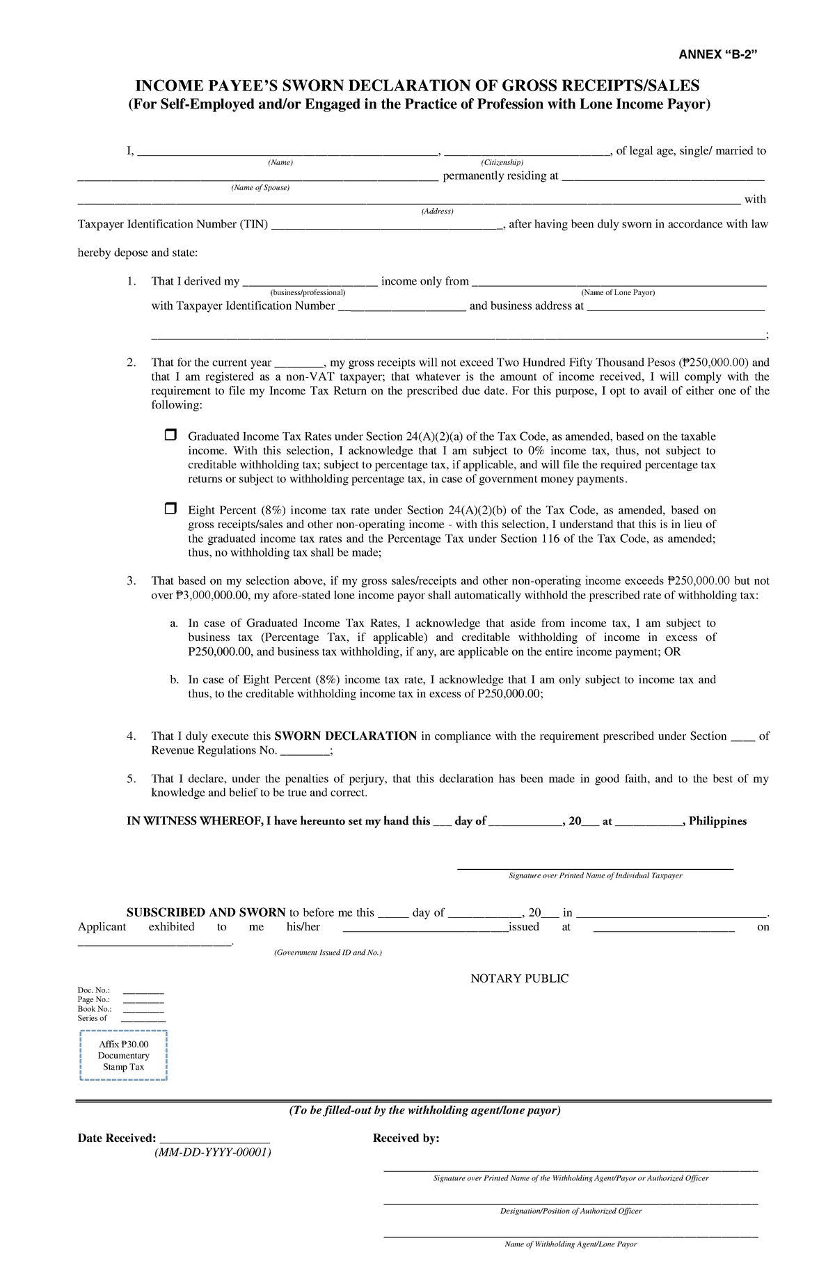 Income payee's sworn declaration - ANNEX “B-2” INCOME PAYEE’S SWORN ...