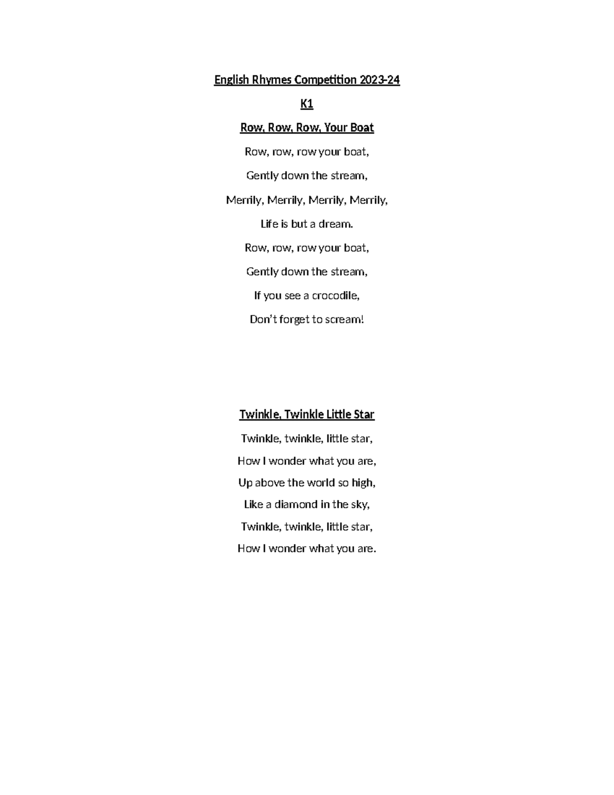 English Rhymes Competition 2023 - Row, row, row your boat, Gently down ...