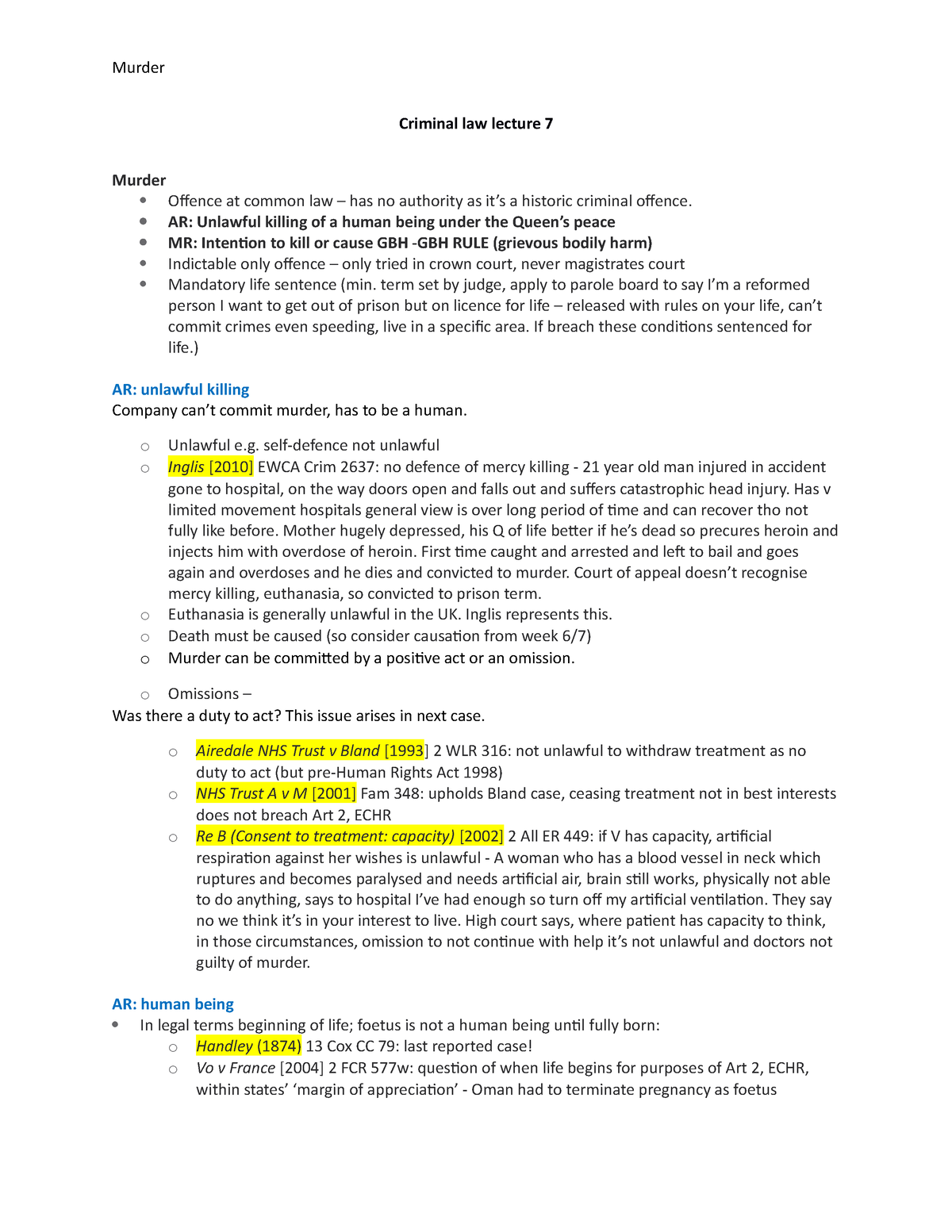 7 Murder - Lecture Notes 7 - Murder Criminal Law Lecture 7 Murder ...