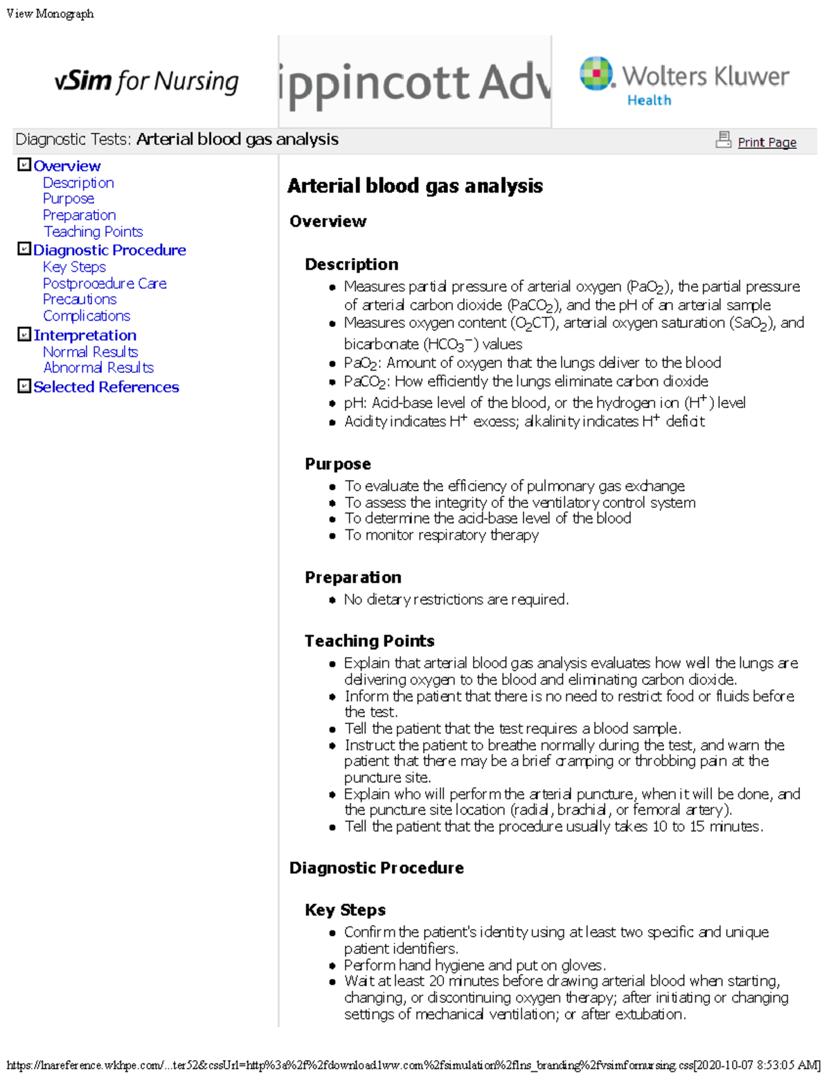 Arterial blood gas analysis Diagnostic Tests Arterial blood gas