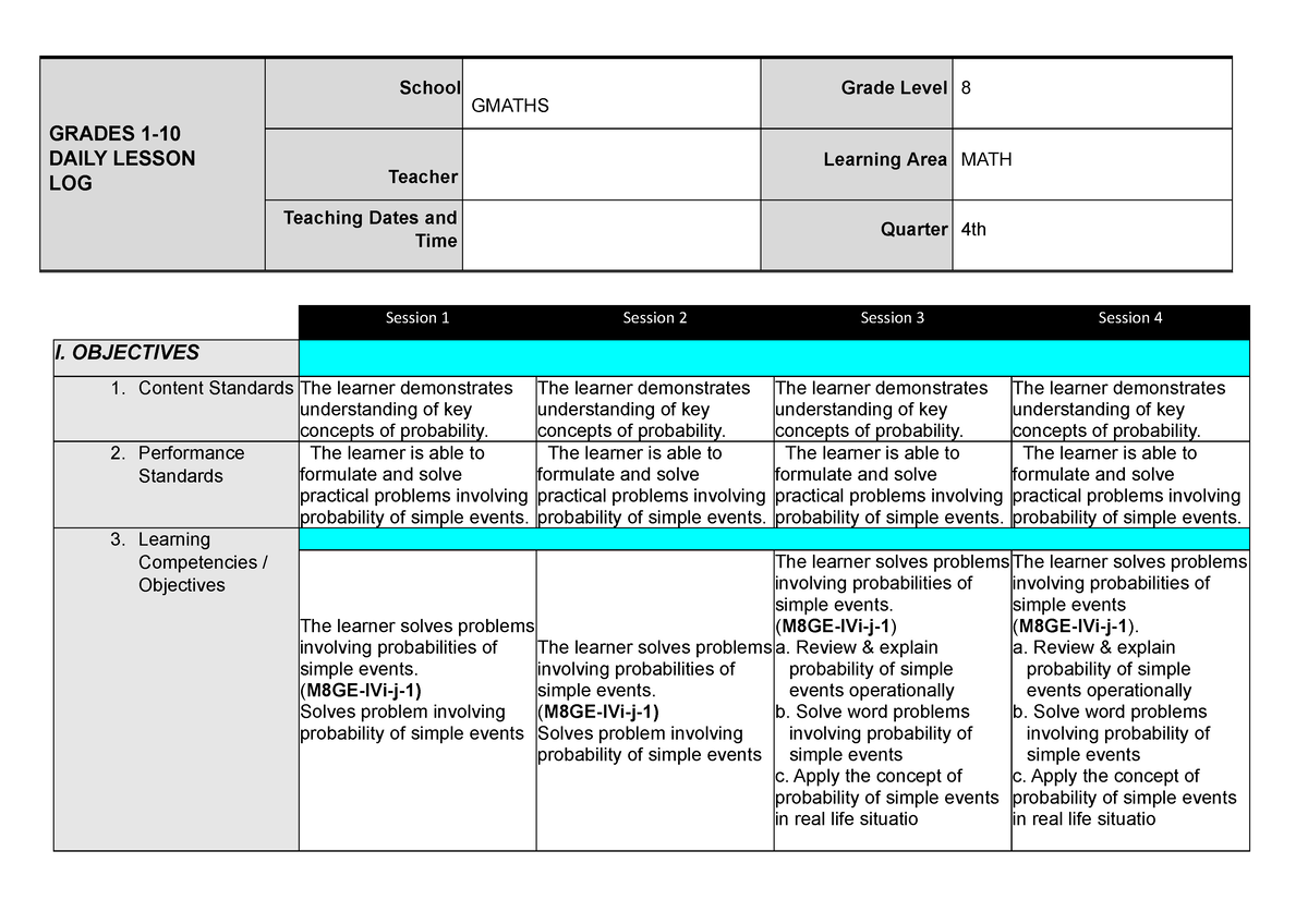 Daily Lesson Log Grade 8 Quarter 4 Week 57 - GRADES 1- DAILY LESSON LOG ...