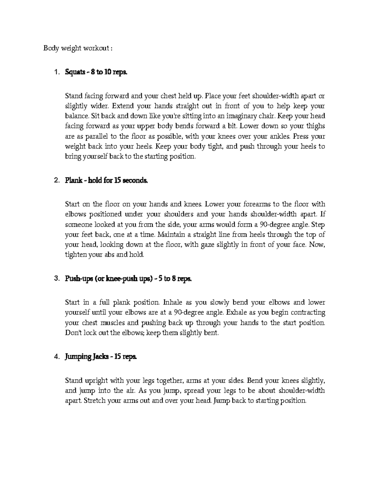 Workout Routine Assignment - Body weight workout : 1. Squats - 8 to 10 ...