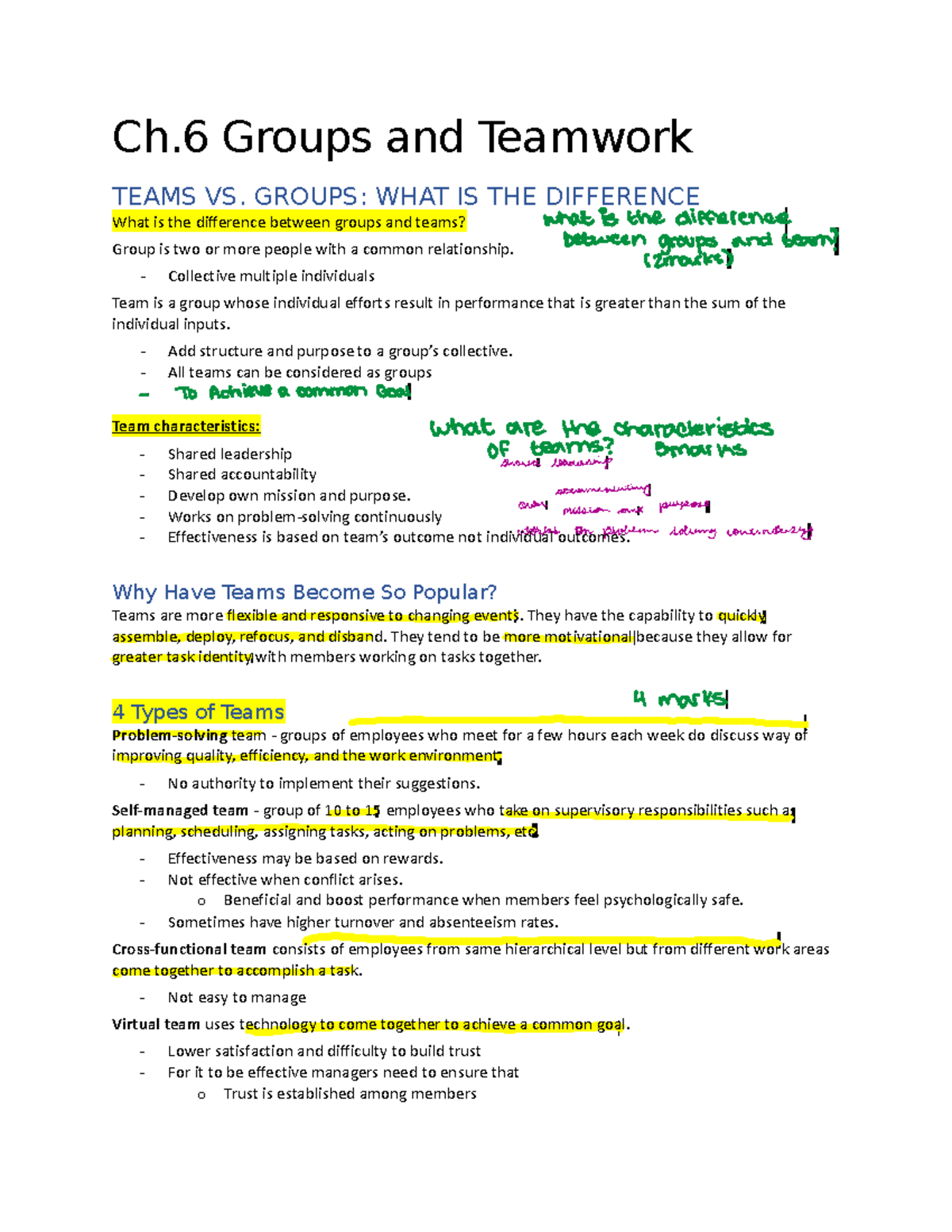 GMGT 2070 - Final Notes - Ch Groups and Teamwork TEAMS VS. GROUPS: WHAT ...