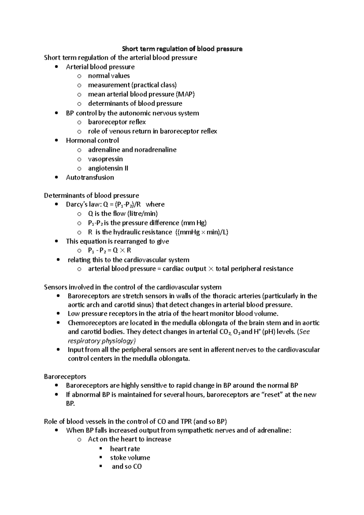 Lecture 9 - Short term regulation of blood pressure Short term ...