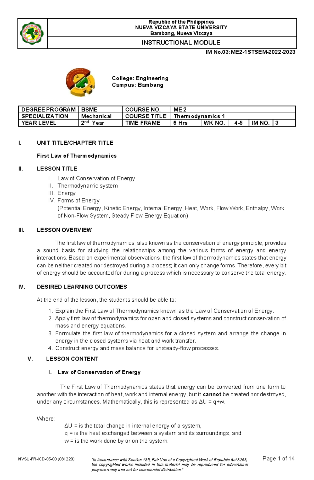 IM3 Thermodynamics - NUEVA VIZCAYA STATE UNIVERSITY Bambang, Nueva ...