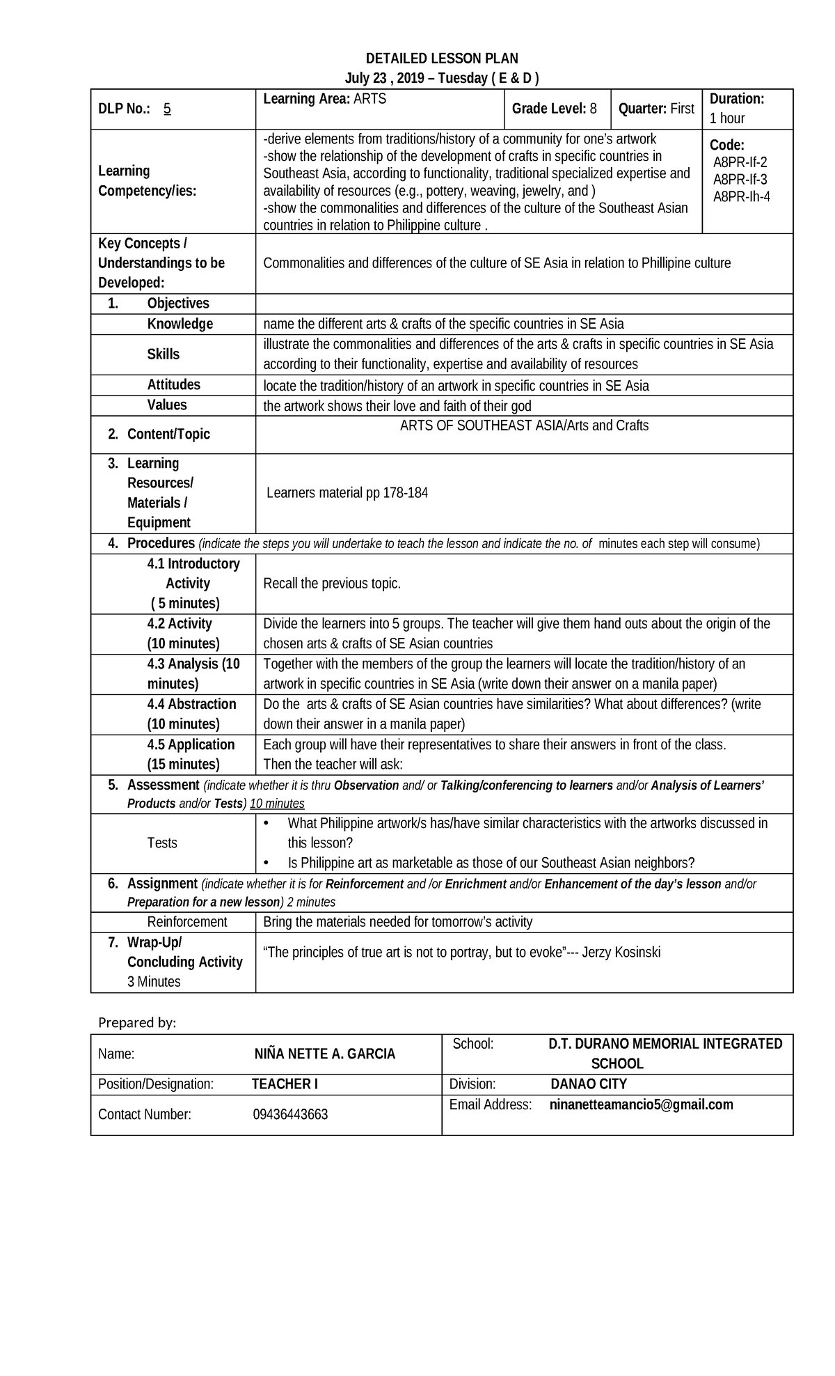 5 A8PRIf-2 A8PR-If-3 A8PR-Ih-4 - DETAILED LESSON PLAN July 23 , 2019 ...