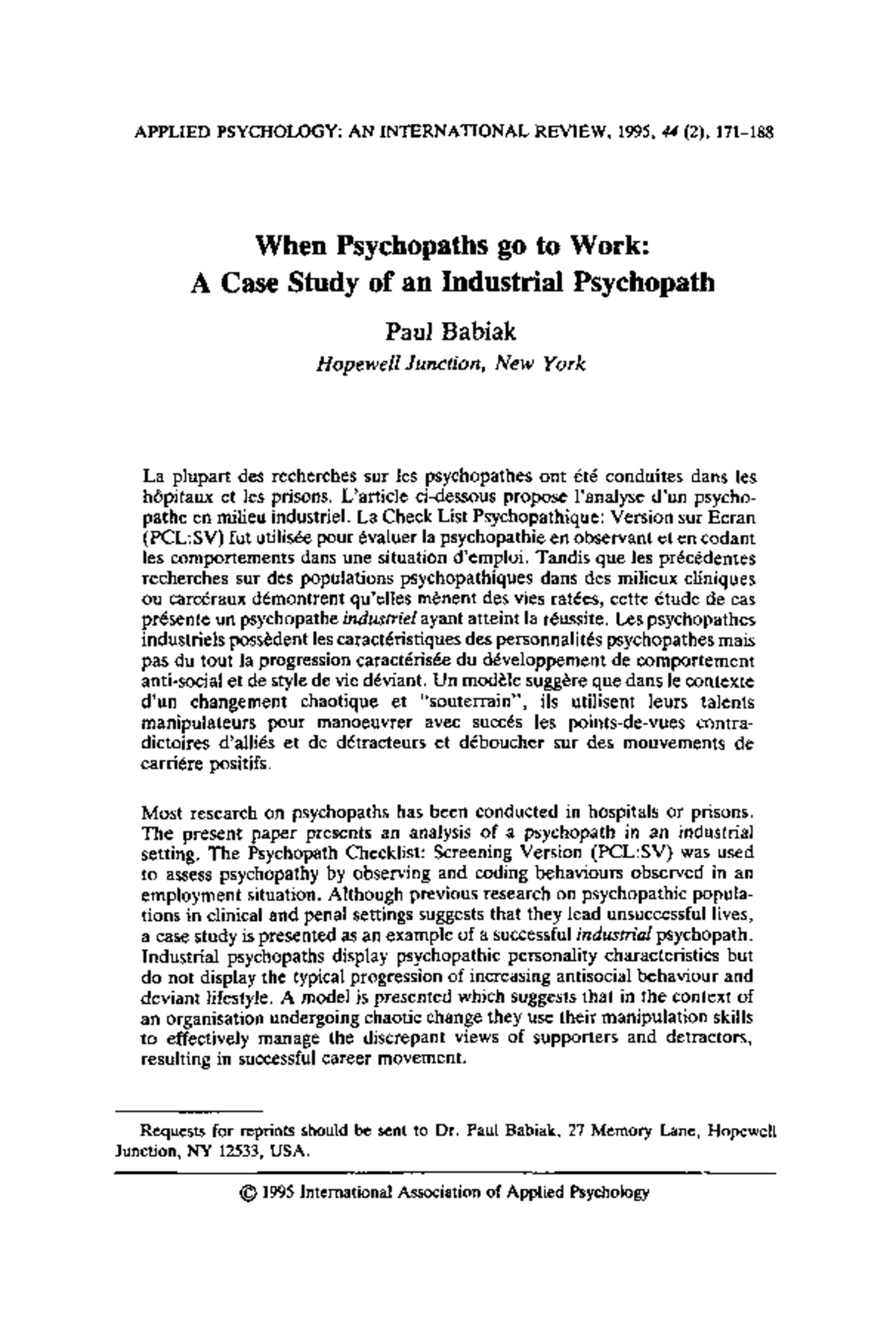 Case Study - APPLIED PSYCHOLOGY: AN INTERNATIONAL REVIEW, 1995, 44 (2 ...