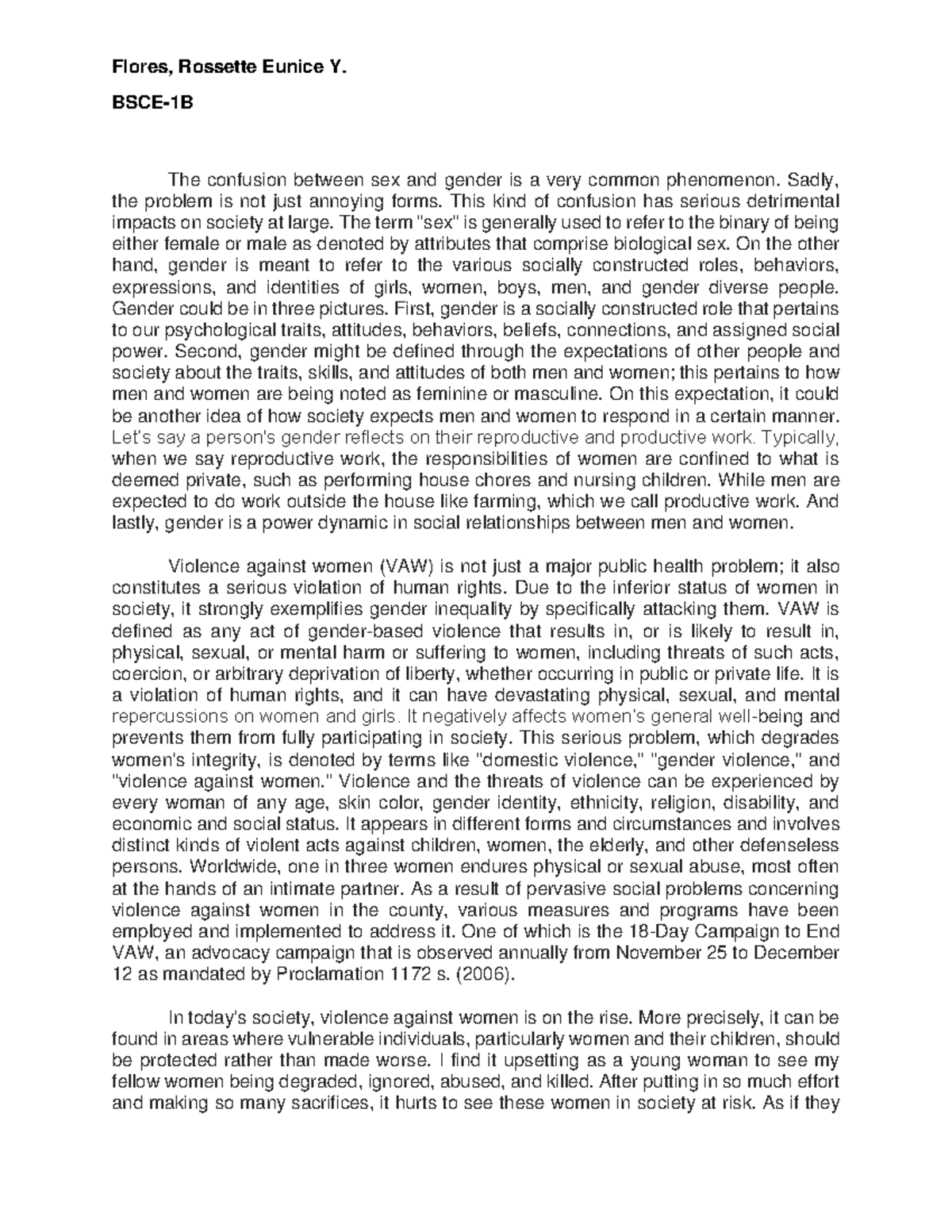 CWTS Reflection - BSCE-1B The confusion between sex and gender is a ...