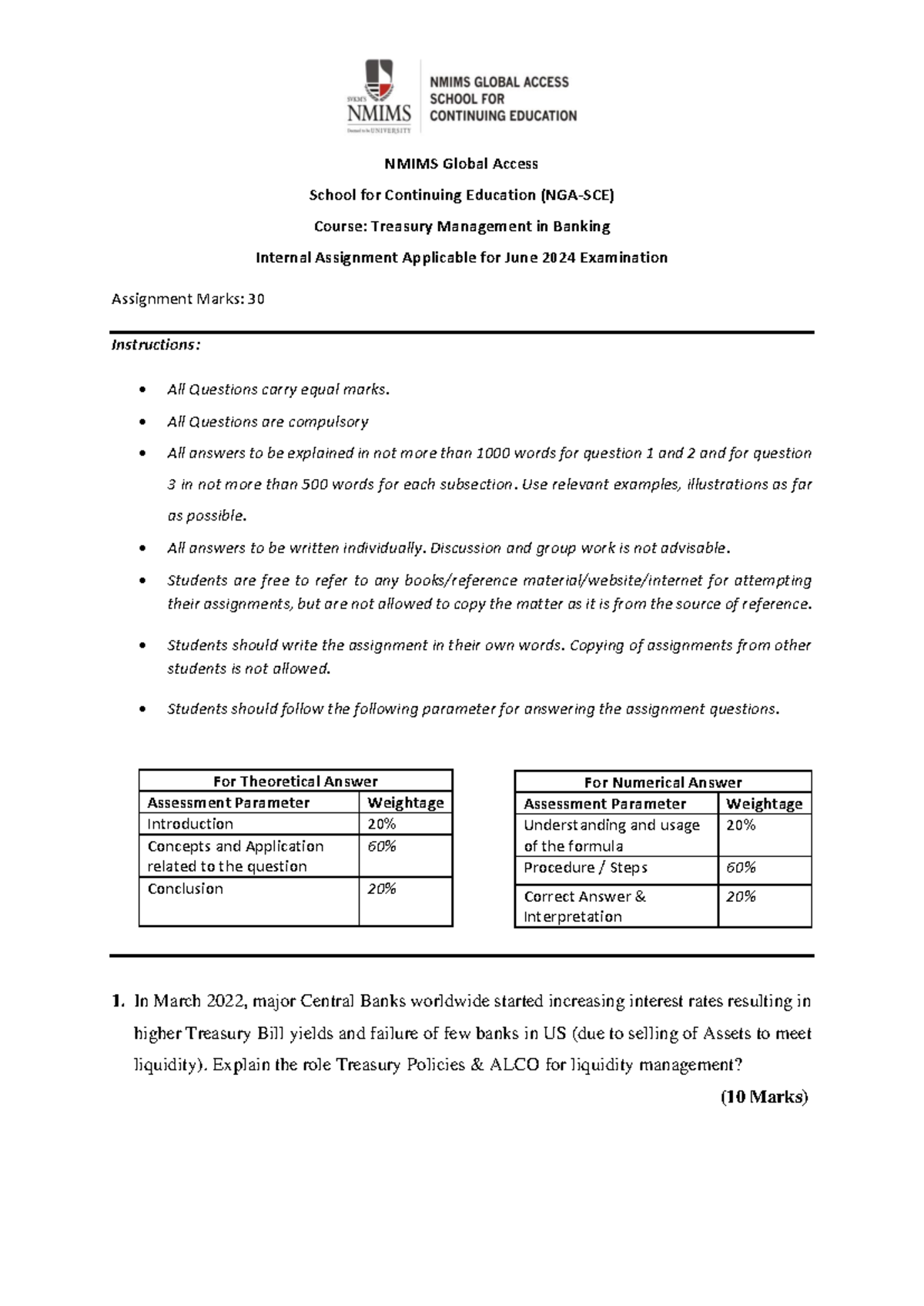 Treasury Management in Banking - June 2024 - PG a Dml Lyk Vu T - NMIMS ...