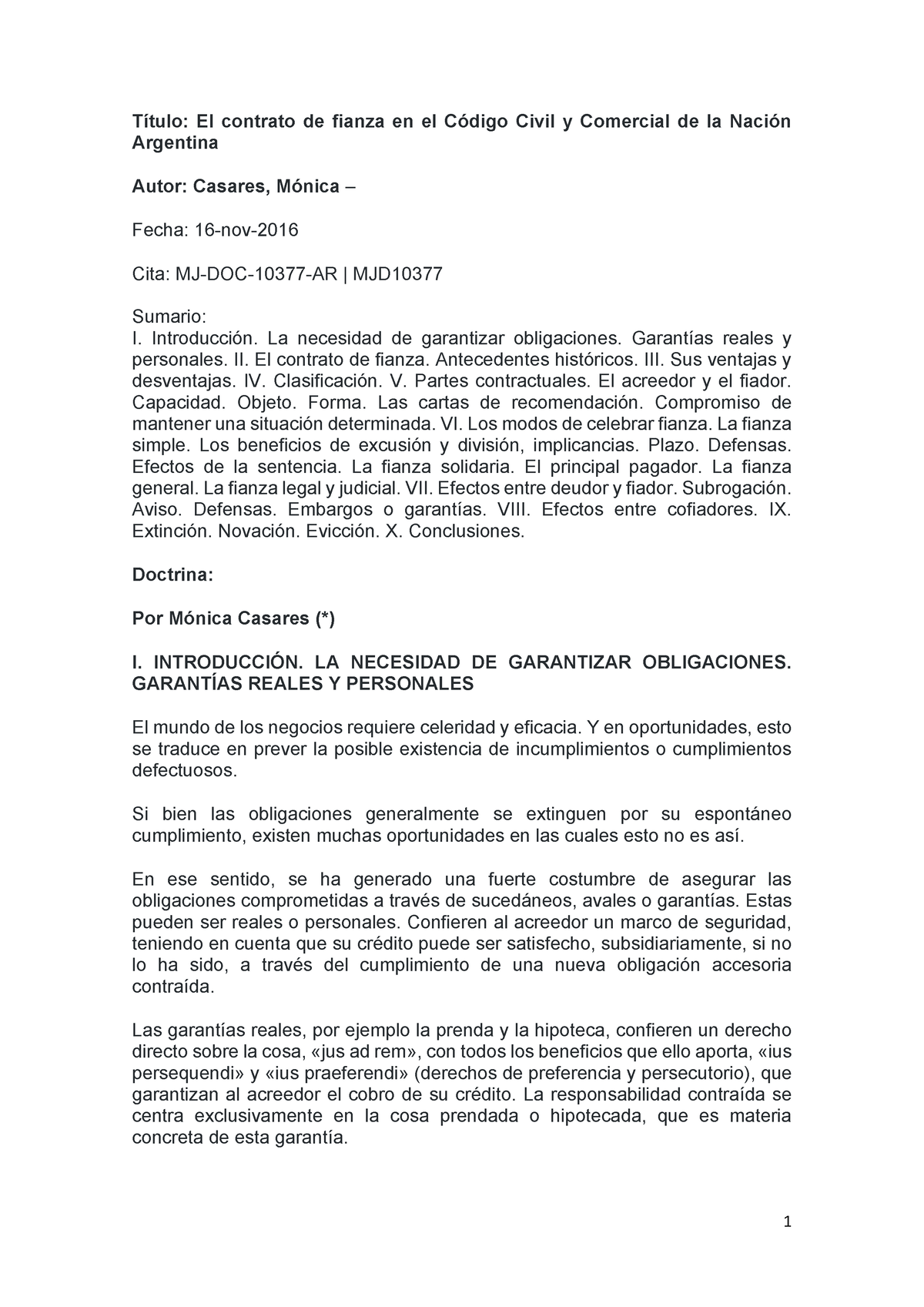 Contrato de Fianza CCC - Unidad VII - Título: El contrato de fianza en ...