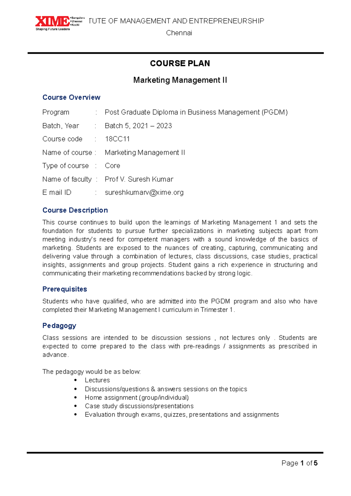 B5 MM2 Course Plan Chennai 2021-22 - Chennai COURSE PLAN Marketing ...