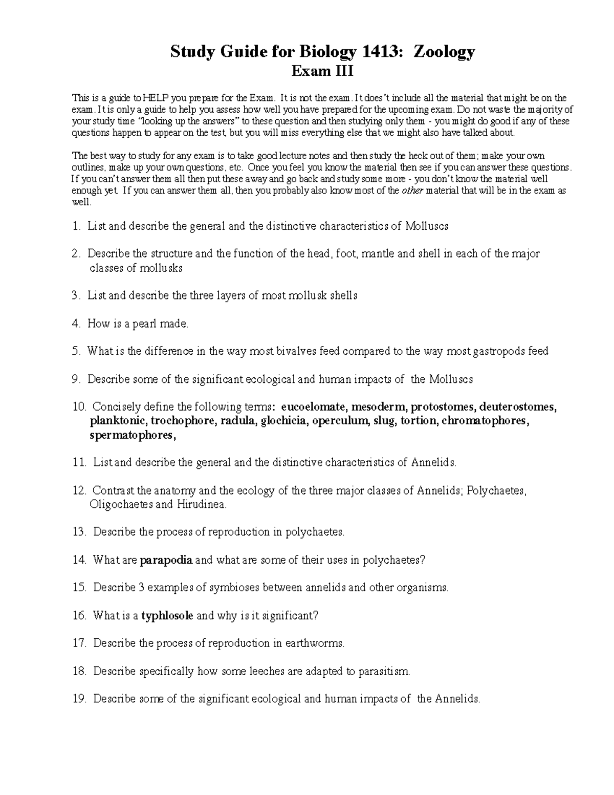 1413 Study Guide Ex III General Zoology Lecture Notes and Handout