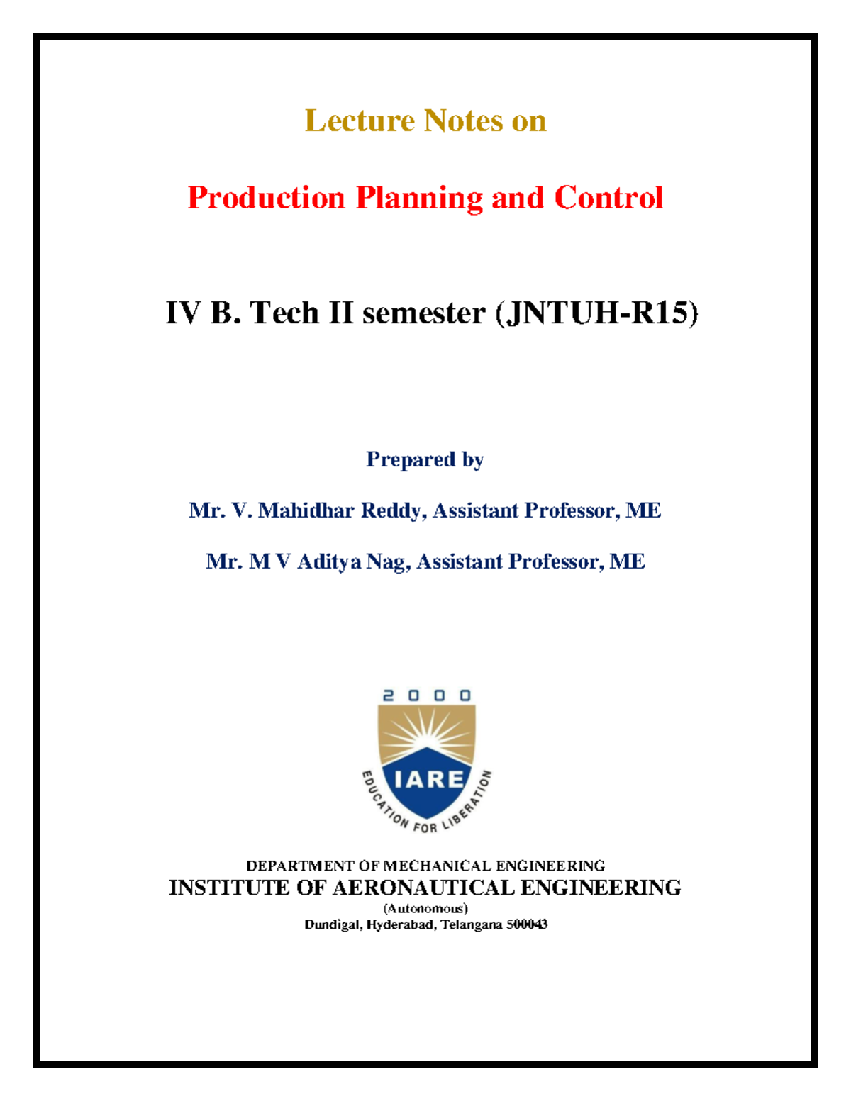 IARE PPC Lecture Notes 0 - Lecture Notes On Production Planning And ...