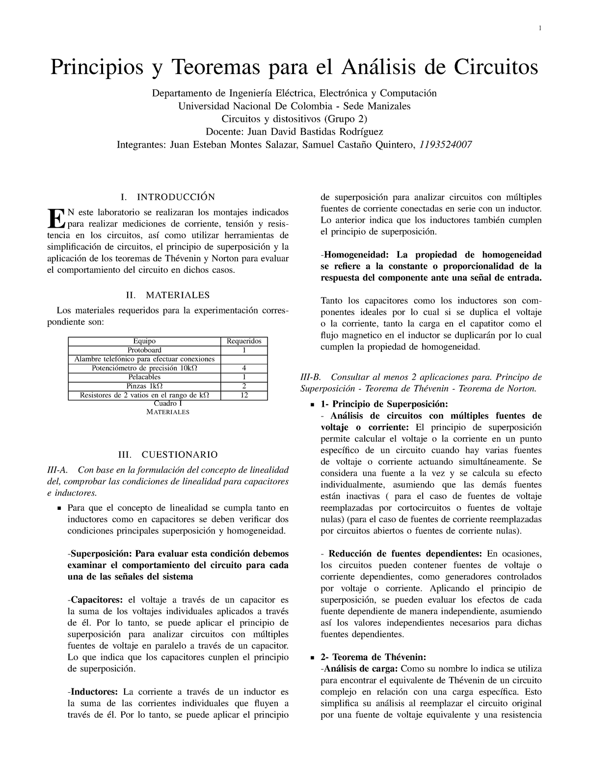 Informe 3 Circuitos - Principios Y Teoremas Para El An ́alisis De ...