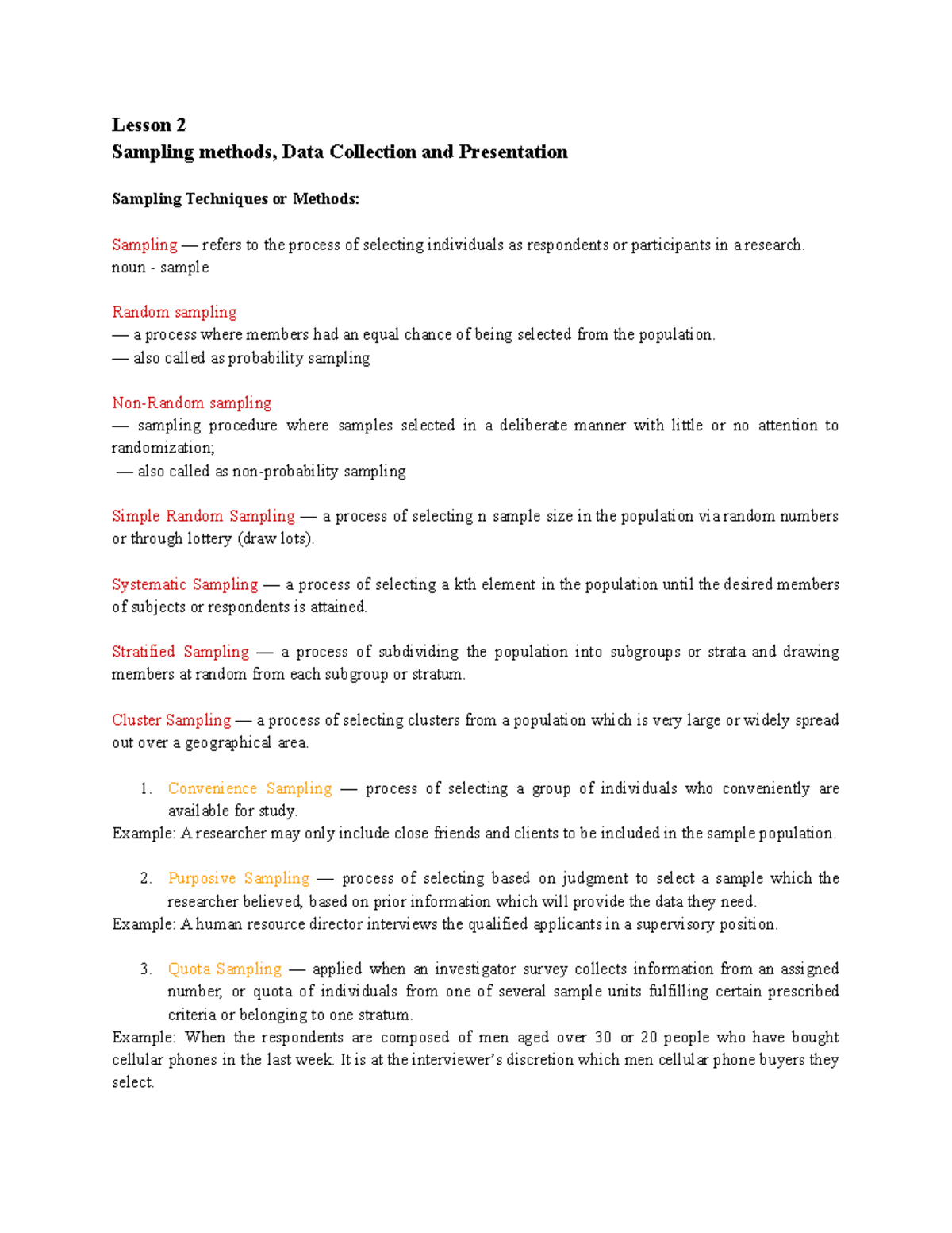 2-14 & 2-16 - Lecture notes 1 - Lesson 2 Sampling methods, Data ...