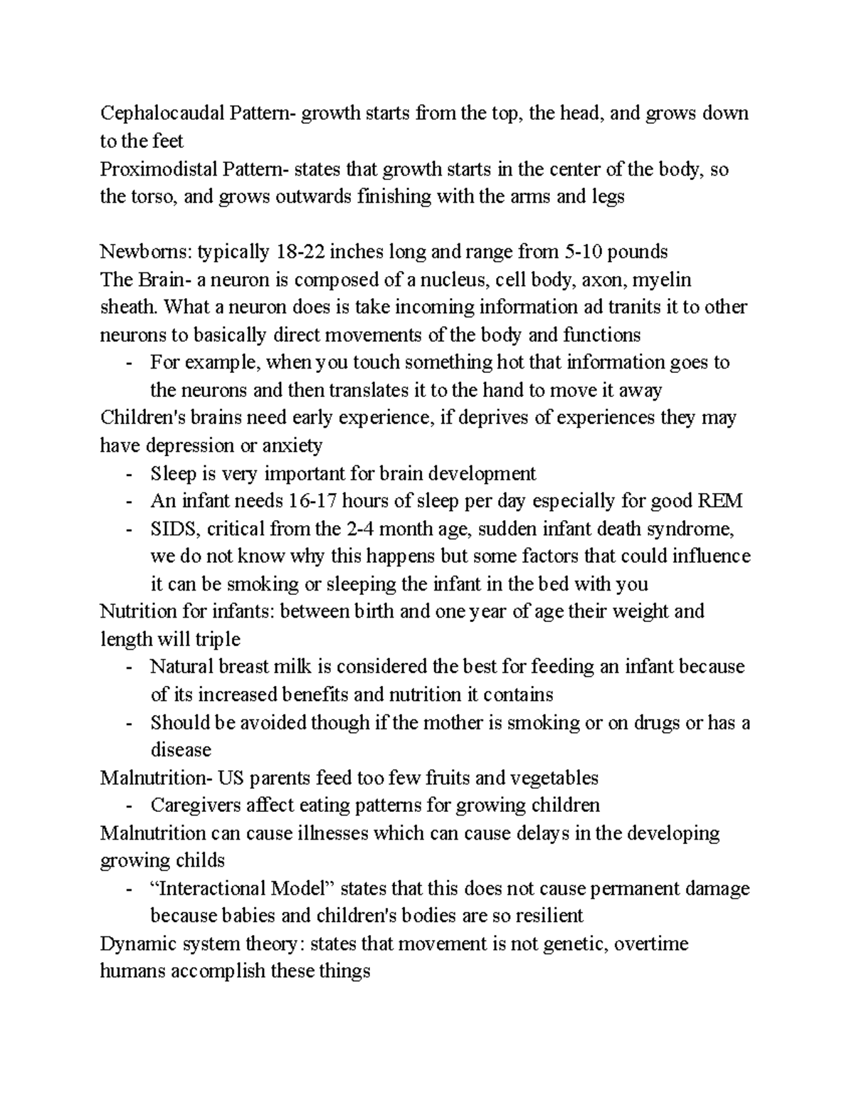 Developmental Psych Lecture notes - Cephalocaudal Pattern- growth ...